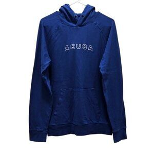 American Eagle Hooded Long Sleeve Shirt Size Medium Spellout Blue Logo Men's